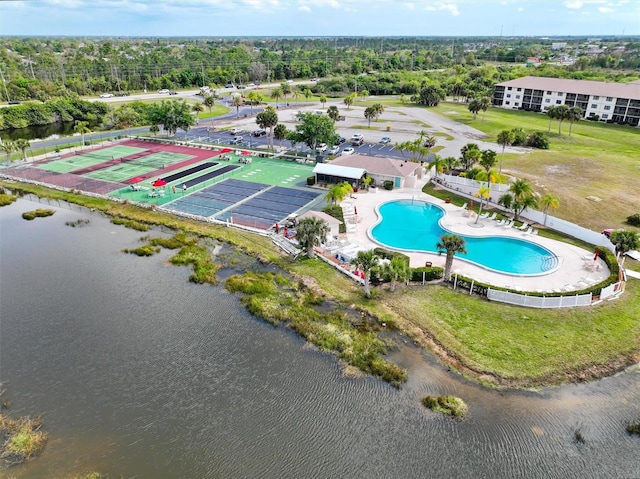 drone / aerial view featuring a water view