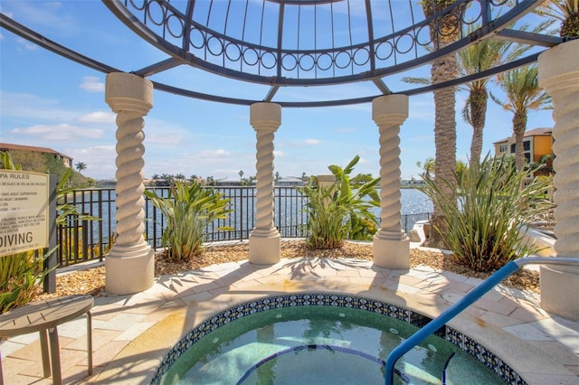 view of patio featuring a hot tub