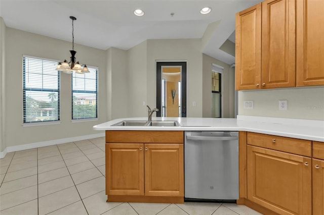 kitchen featuring dishwasher, an inviting chandelier, sink, decorative light fixtures, and light tile patterned flooring