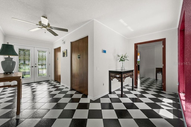 corridor featuring french doors and ornamental molding