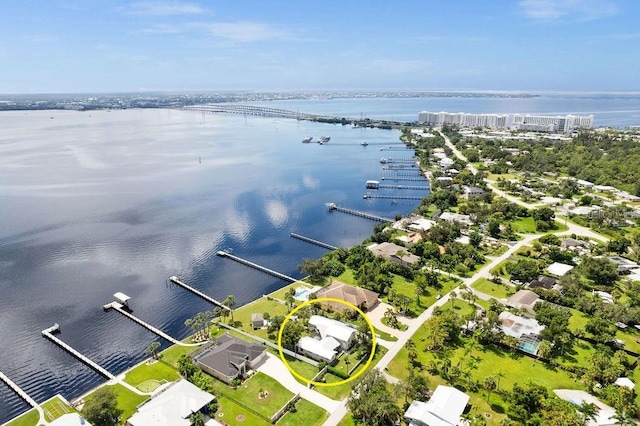 drone / aerial view featuring a water view