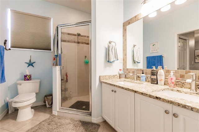 bathroom featuring vanity, tile patterned floors, an enclosed shower, and toilet