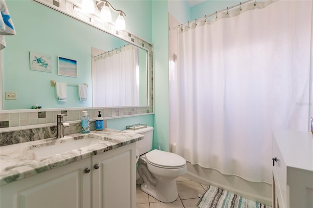 full bathroom with shower / tub combo, tasteful backsplash, vanity, toilet, and tile patterned floors