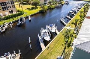 bird's eye view with a water view