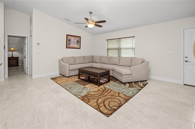 tiled living room featuring vaulted ceiling and ceiling fan