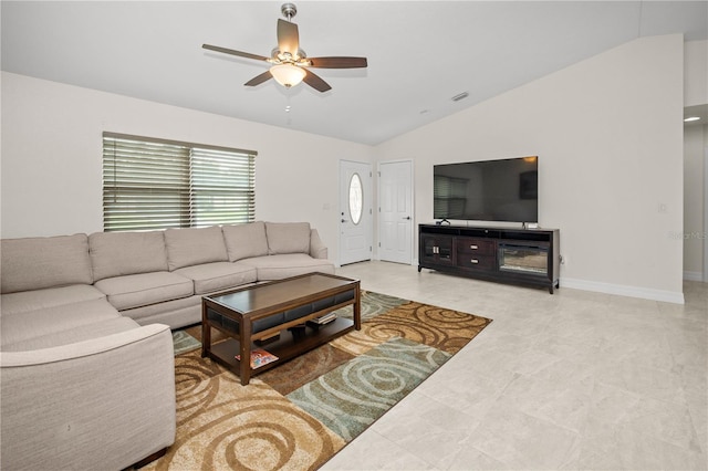 living room with lofted ceiling and ceiling fan