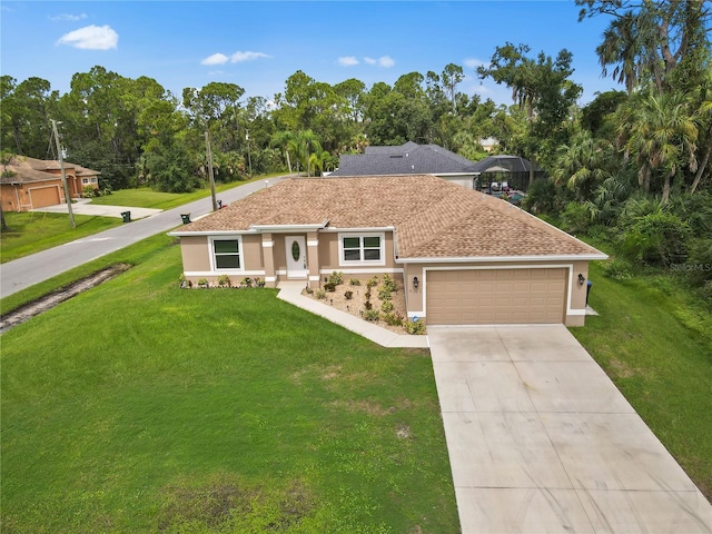 ranch-style home featuring a garage and a front yard