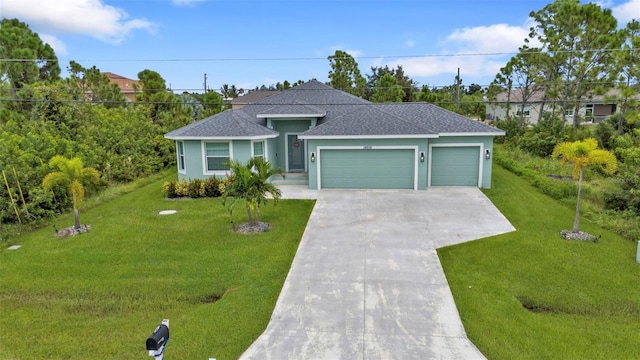 ranch-style house with a front lawn and a garage