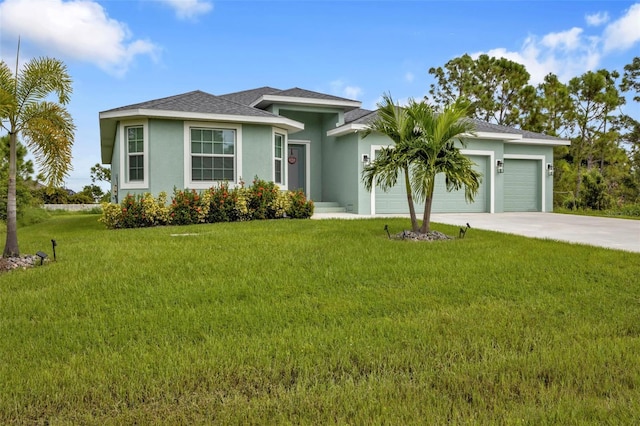 14516 San Domingo Blvd, Port Charlotte, FL 33981 - view of front of property featuring stucco siding, an attached garage, driveway, a front lawn, and a shingled roof