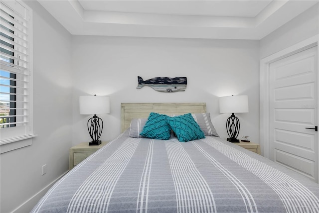 bedroom with a tray ceiling