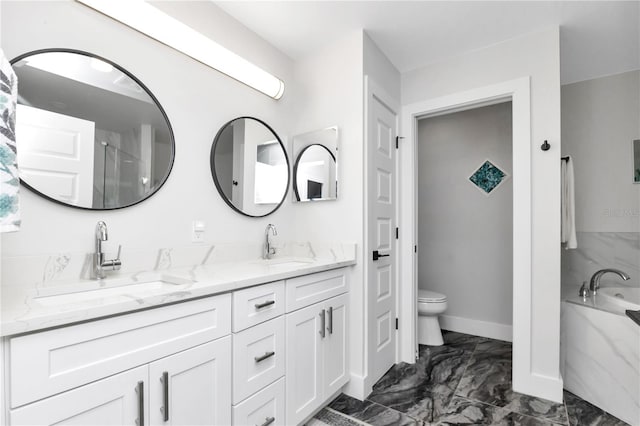 full bathroom with vanity, plus walk in shower, and toilet