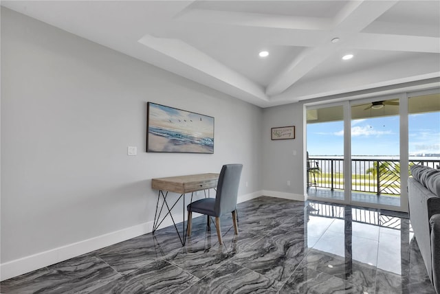 office area featuring coffered ceiling, ceiling fan, and beamed ceiling