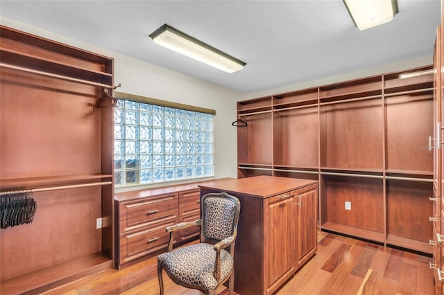 walk in closet with light hardwood / wood-style flooring