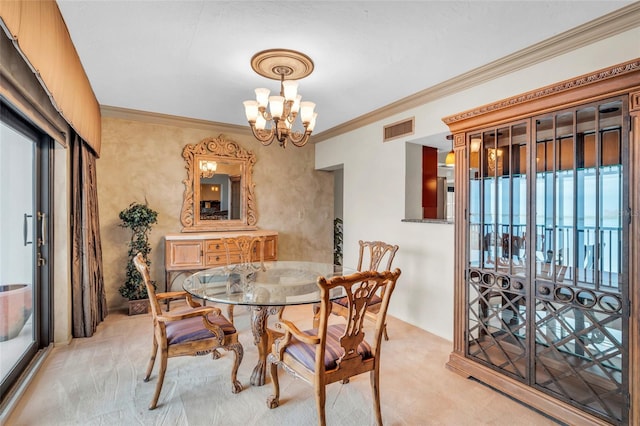 dining space featuring crown molding, light carpet, and a notable chandelier