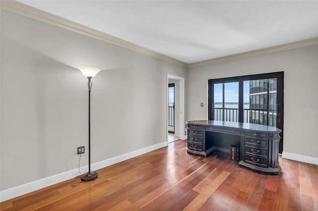 office featuring ornamental molding and dark wood-type flooring