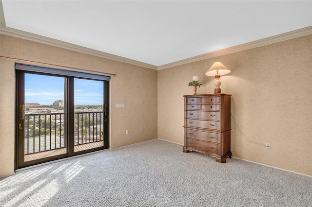 unfurnished bedroom featuring ornamental molding, carpet flooring, and access to outside