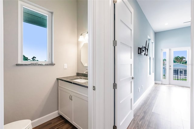 bathroom featuring baseboards, toilet, wood finished floors, and vanity