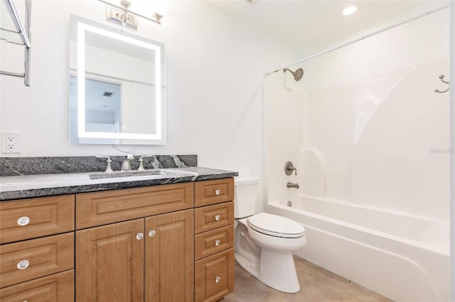 full bathroom with shower / tub combination, toilet, and vanity