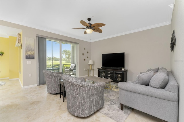 living room with ceiling fan and crown molding