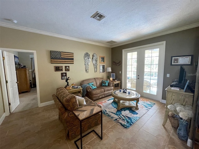 tiled living room featuring french doors, a textured ceiling, and crown molding