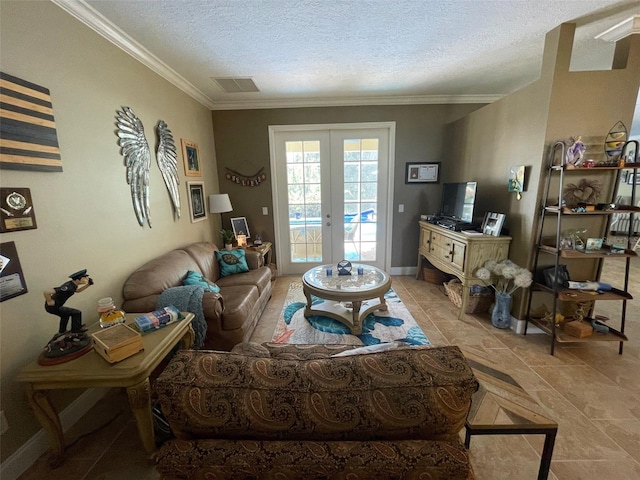 tiled living room with a textured ceiling, crown molding, and french doors