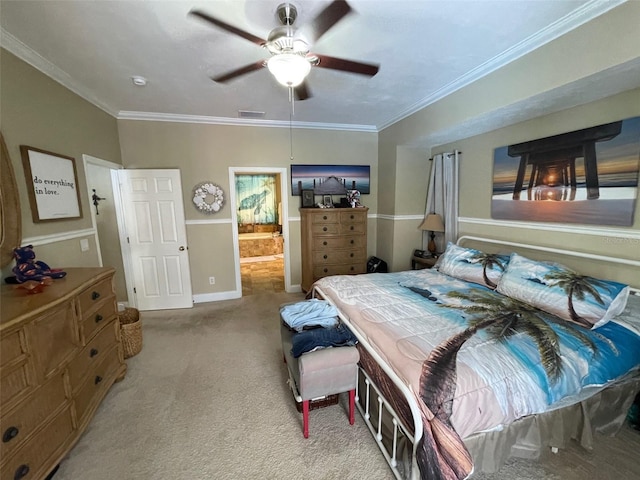 carpeted bedroom with ceiling fan and ornamental molding