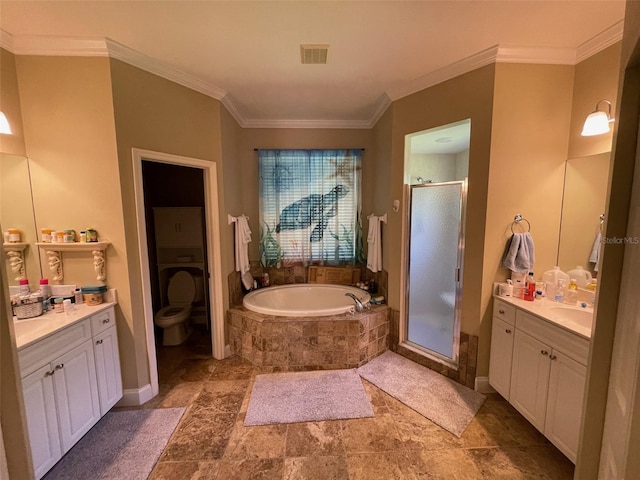 full bathroom featuring ornamental molding, vanity, toilet, and plus walk in shower