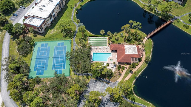 birds eye view of property featuring a water view