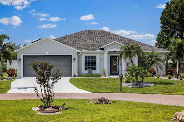 ranch-style home featuring a garage, driveway, a shingled roof, and stucco siding