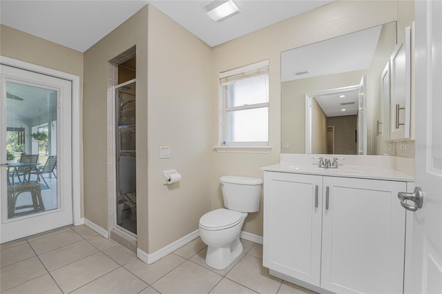 bathroom with tile patterned flooring, a healthy amount of sunlight, a shower with shower door, and toilet