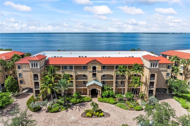 aerial view featuring a water view