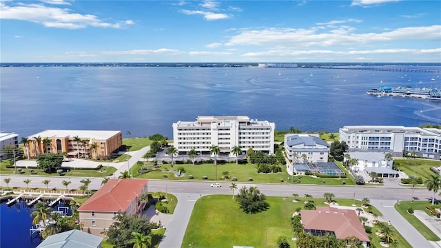 drone / aerial view featuring a water view