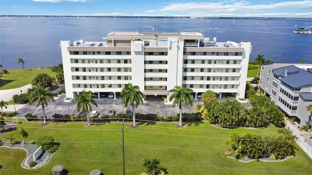 drone / aerial view featuring a water view