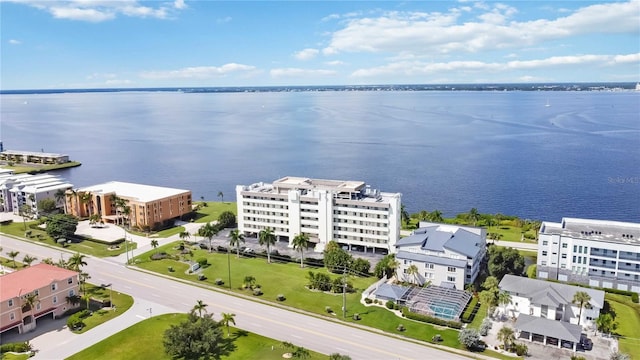 bird's eye view with a water view