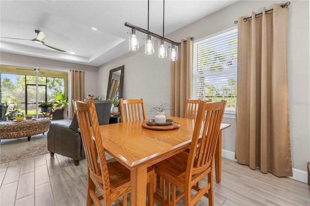 dining room featuring light hardwood / wood-style flooring and ceiling fan