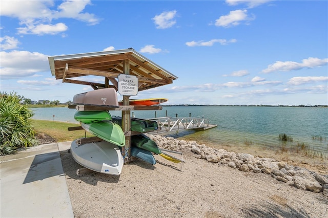 exterior space with a water view