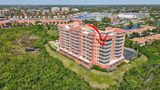 bird's eye view with a water view