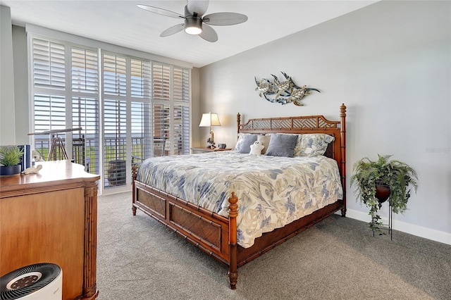 bedroom with carpet, ceiling fan, and access to exterior