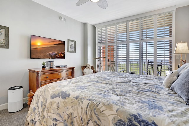 bedroom with access to outside, carpet flooring, and ceiling fan