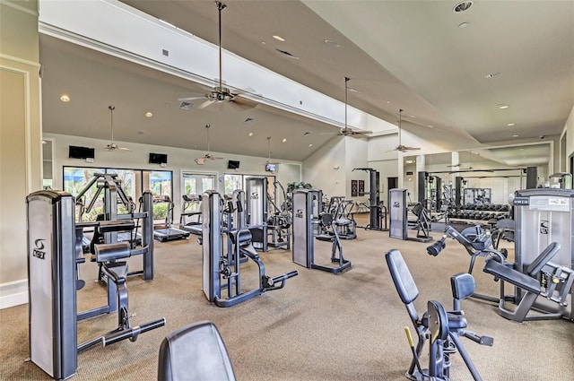 gym with a high ceiling, ceiling fan, and carpet flooring