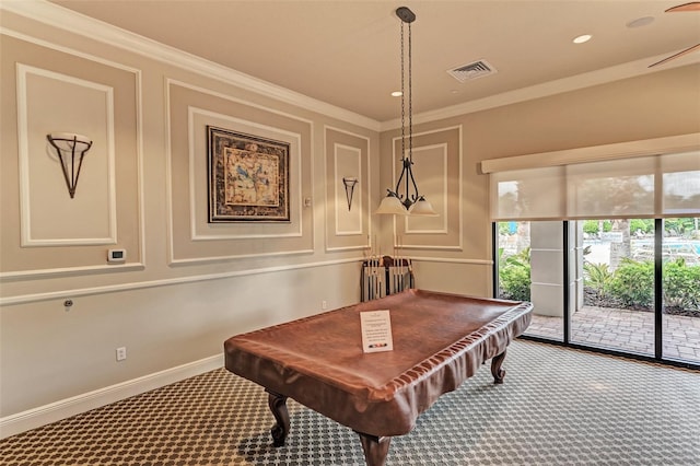 game room with ornamental molding, carpet, and billiards