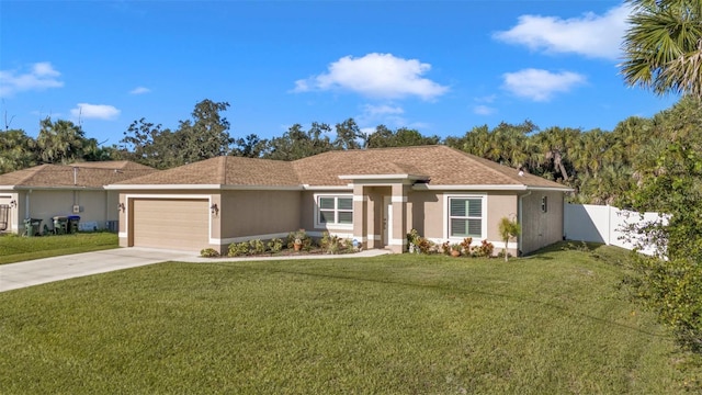 ranch-style house with a front yard and a garage