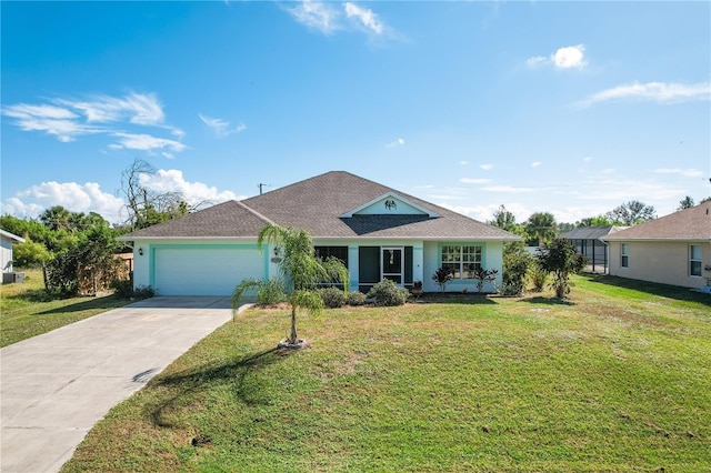 ranch-style house featuring a front yard and a garage