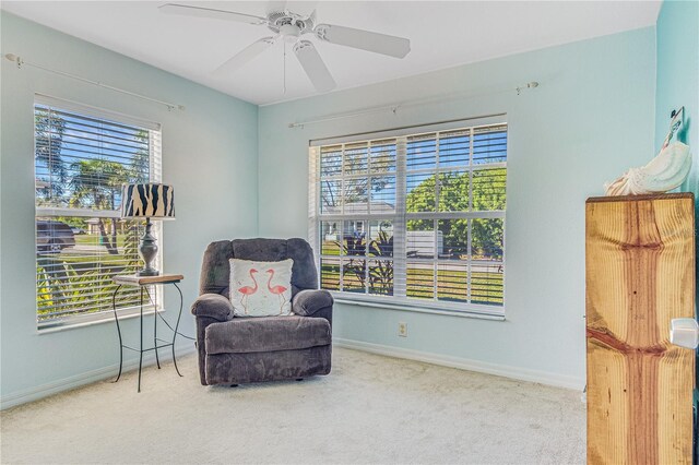 living area with ceiling fan and carpet flooring