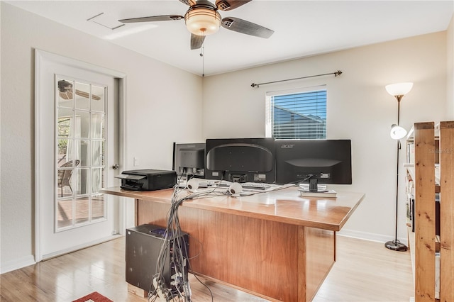 office space featuring light wood-type flooring and ceiling fan