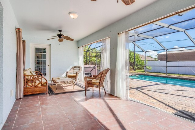 exterior space featuring a pool and ceiling fan