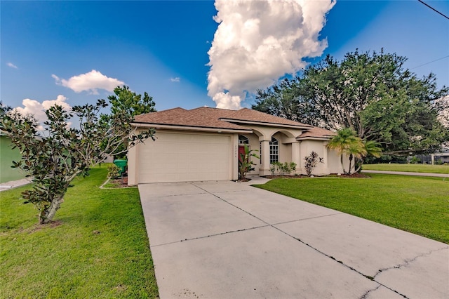 view of front of house featuring a garage and a front lawn