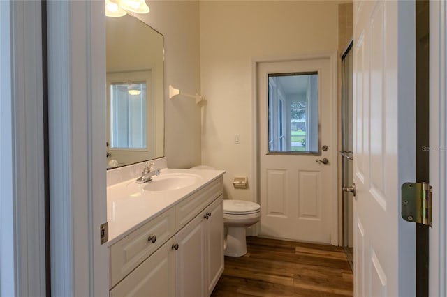 bathroom with vanity, hardwood / wood-style floors, and toilet