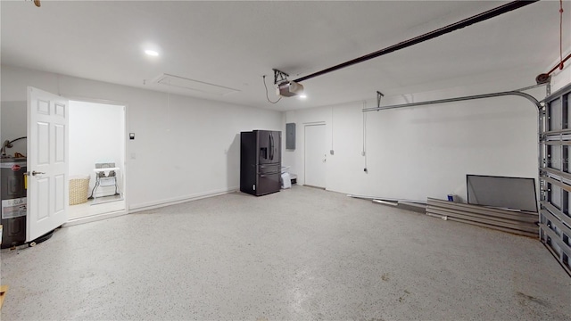 garage featuring electric water heater, a garage door opener, fridge with ice dispenser, and electric panel