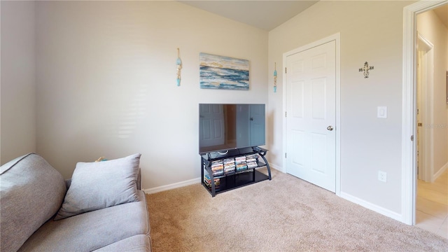 living area featuring light colored carpet